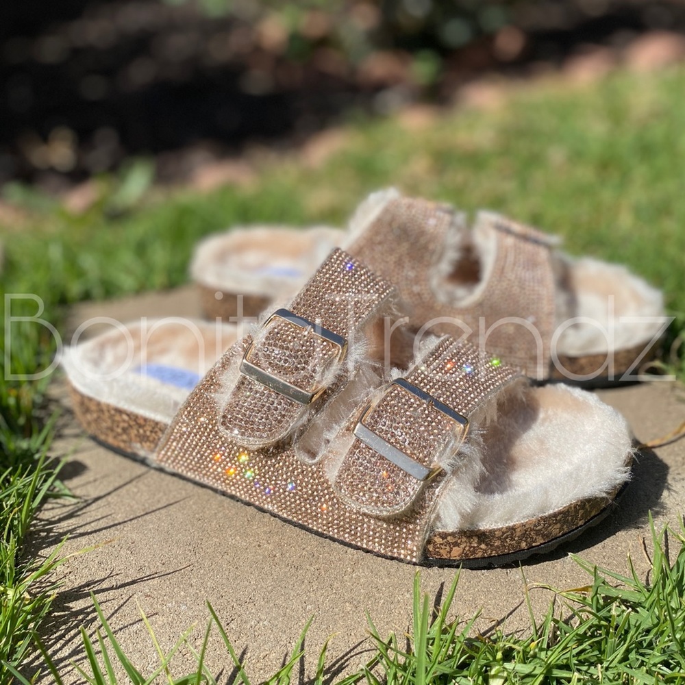 Rose Gold Rhinestone Double Strap Fur Slides